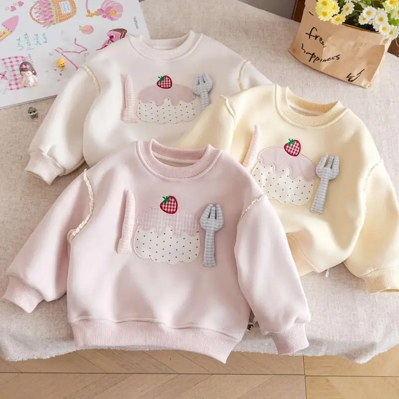 Kawaii Casual Coat Tops Fashion Childrens Clothing Baby Fleece Sweatshirt 2025 New Cartoon Embroidery Top Girls Color Block Soft