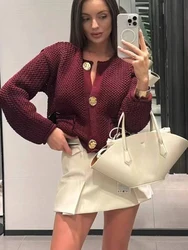 TRAFZA Women Hollow Out Chunky Knitted Cardigans 2024 Female Long Sleeve Metal Buttons Short Sweater Crop Top Knitwear Outerwear