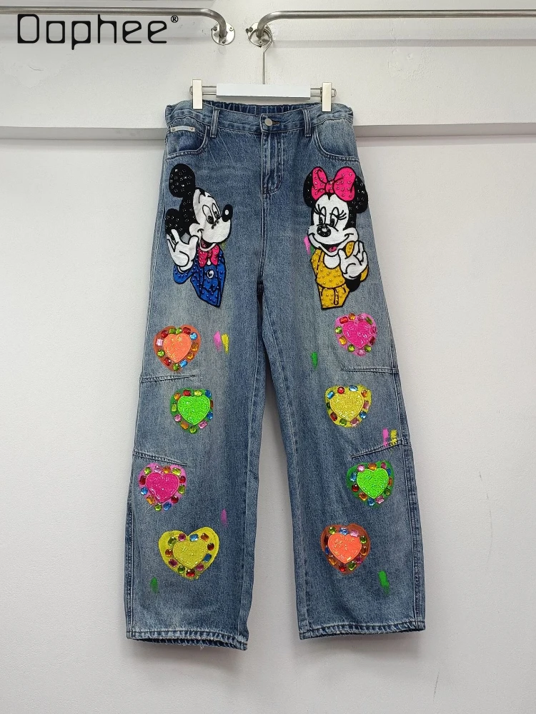 European Station Jeans Women 2025 Summer New Trendy Heavy Industry Love Gem Straight Casual Denim Trousers Women