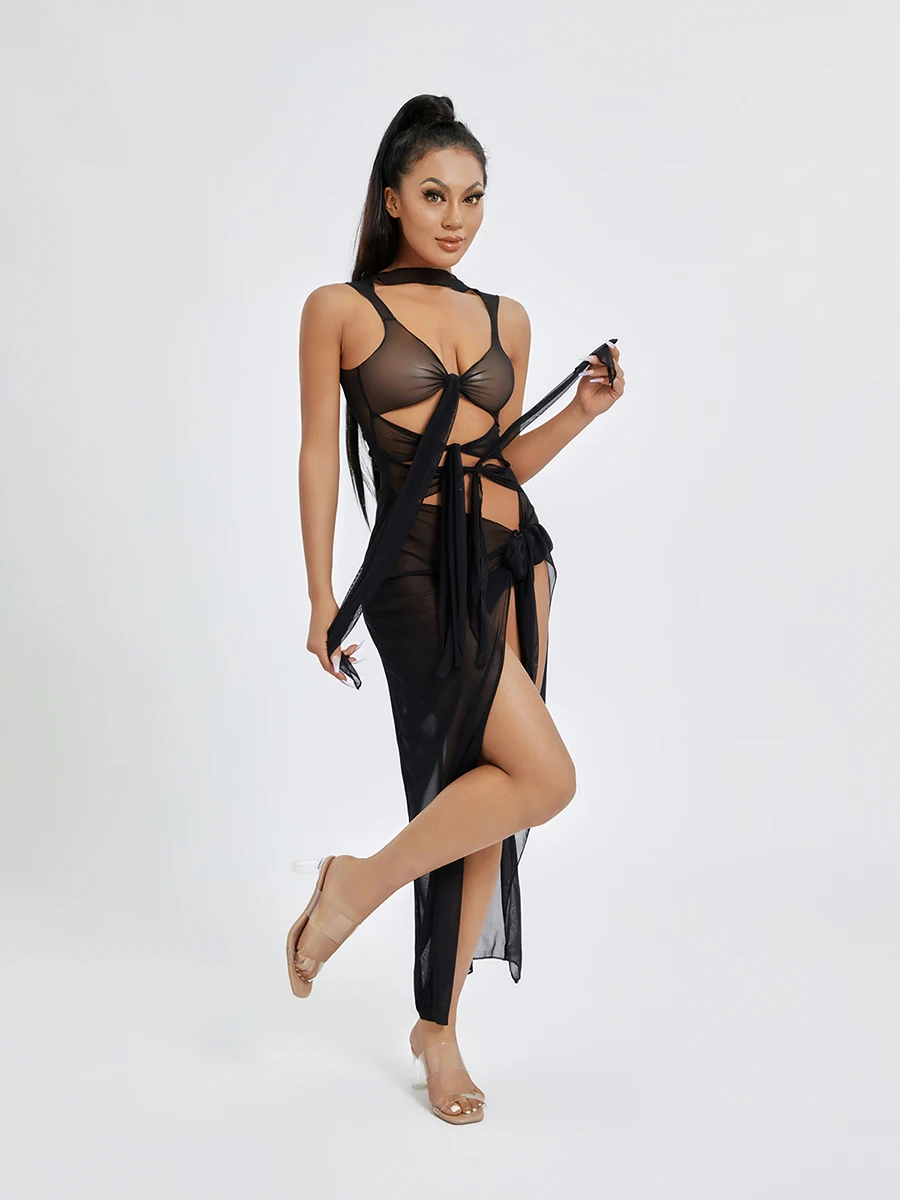 Damskie Sheer sukienka bez rękawów obcisłe sukienki Maxi Bbodycon Slim Fit Split sukienki koktajlowe imprezowe