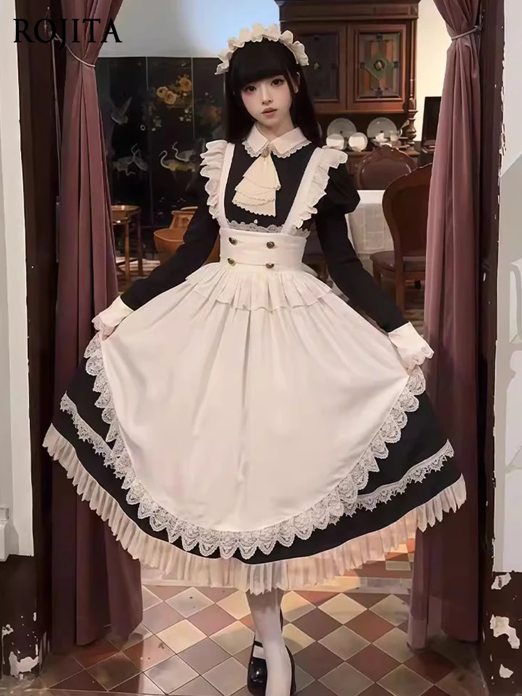 

Gothic Style Elegant Maid Costume Lolita Dress Long Sleeve Dress Apron Bubble Sleeve Black Long Lolita Dress