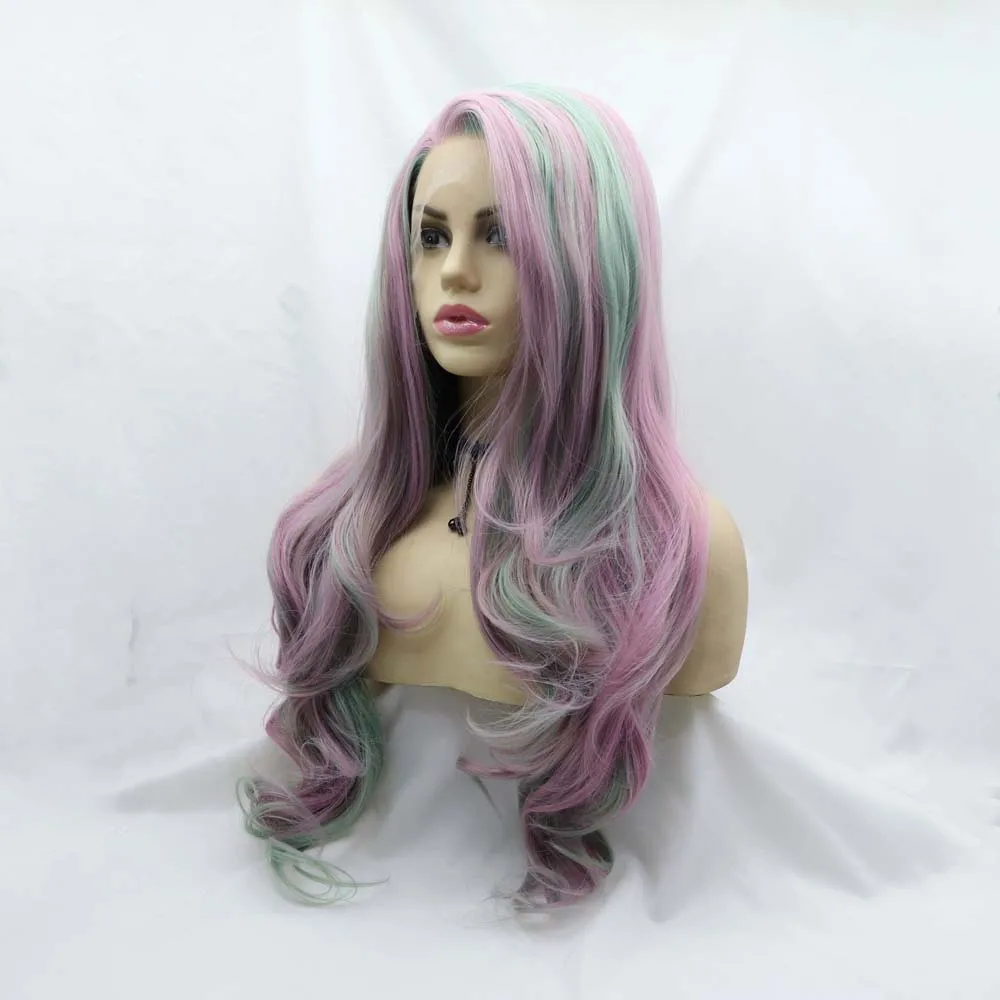 Purple/Green Wigs Mixed Color Wigs Synthetic HightLight Wigs Lace Front Wigs Heat Resistant Fiber Hair Wigs Cosplay Wigs