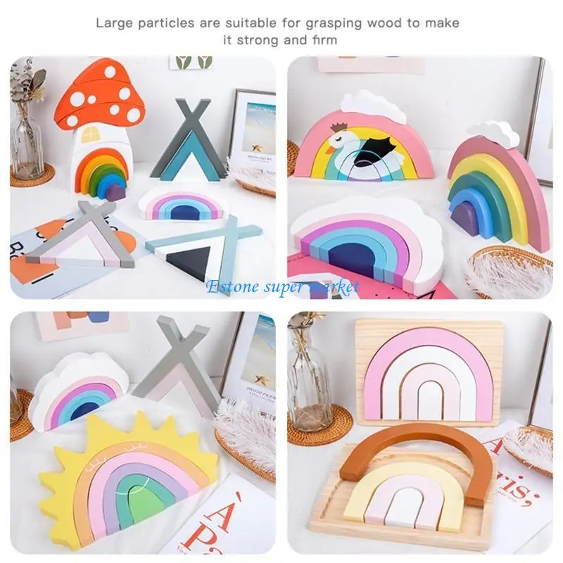 090b Bâtiment en bois arc-en-ciel / champignons Blocs d'apprentissage des jouets jeu d'éducation des jouets d'anniversaire