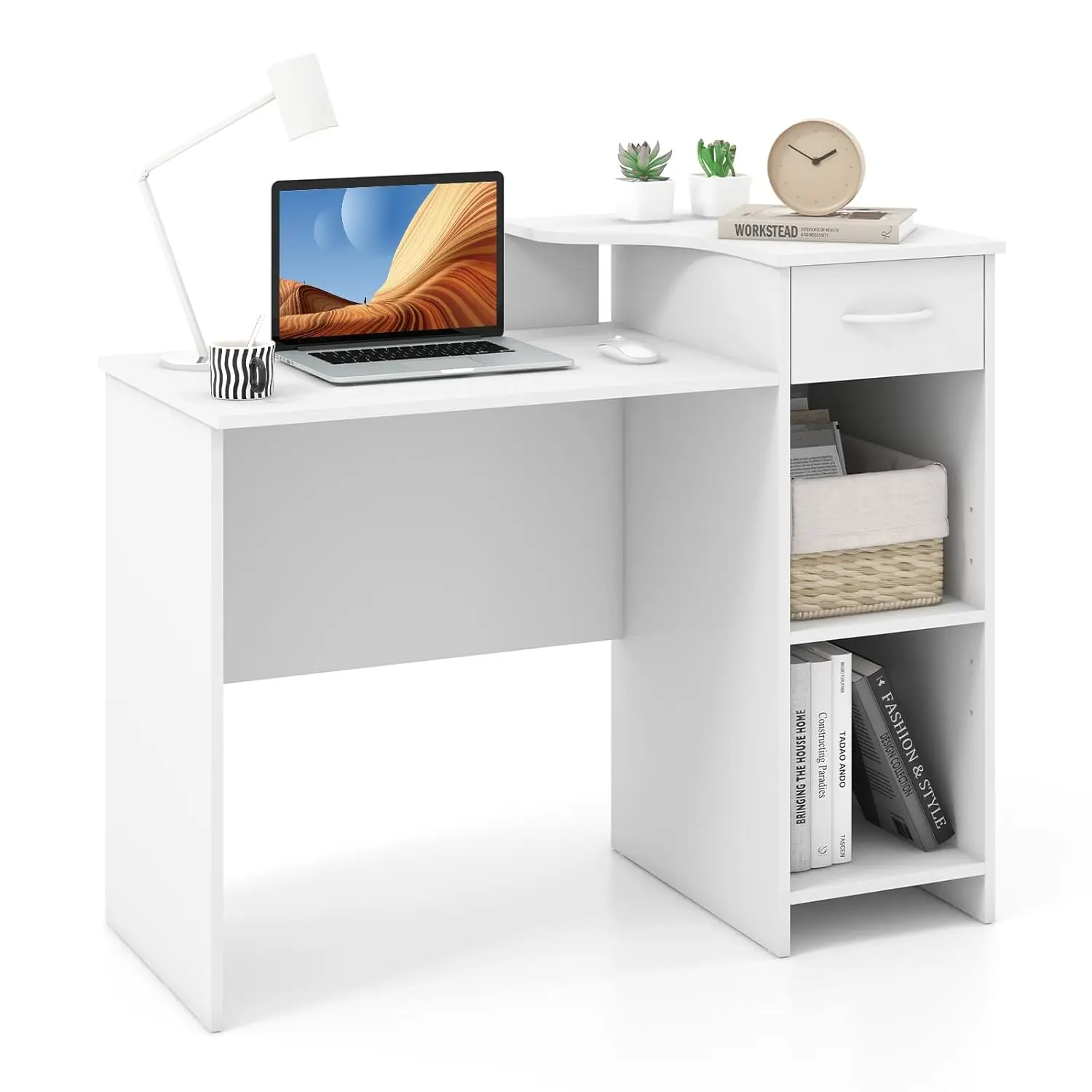 i*-Computer Desk With Storage, Modern PC Laptop Table With 5-Position Adjustable Shelf, Drawer & Cable Hole, Compact, Customized