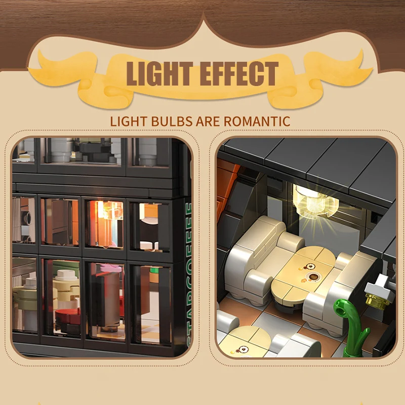 Klocki konstrukcyjne City 581 elementów, Kawiarnia Gwiazda z Oświetleniem, Widok Ulicy, Architektura, Kawiarnia, MOC, Zabawki dla Dzieci, Prezent na Boże Narodzenie