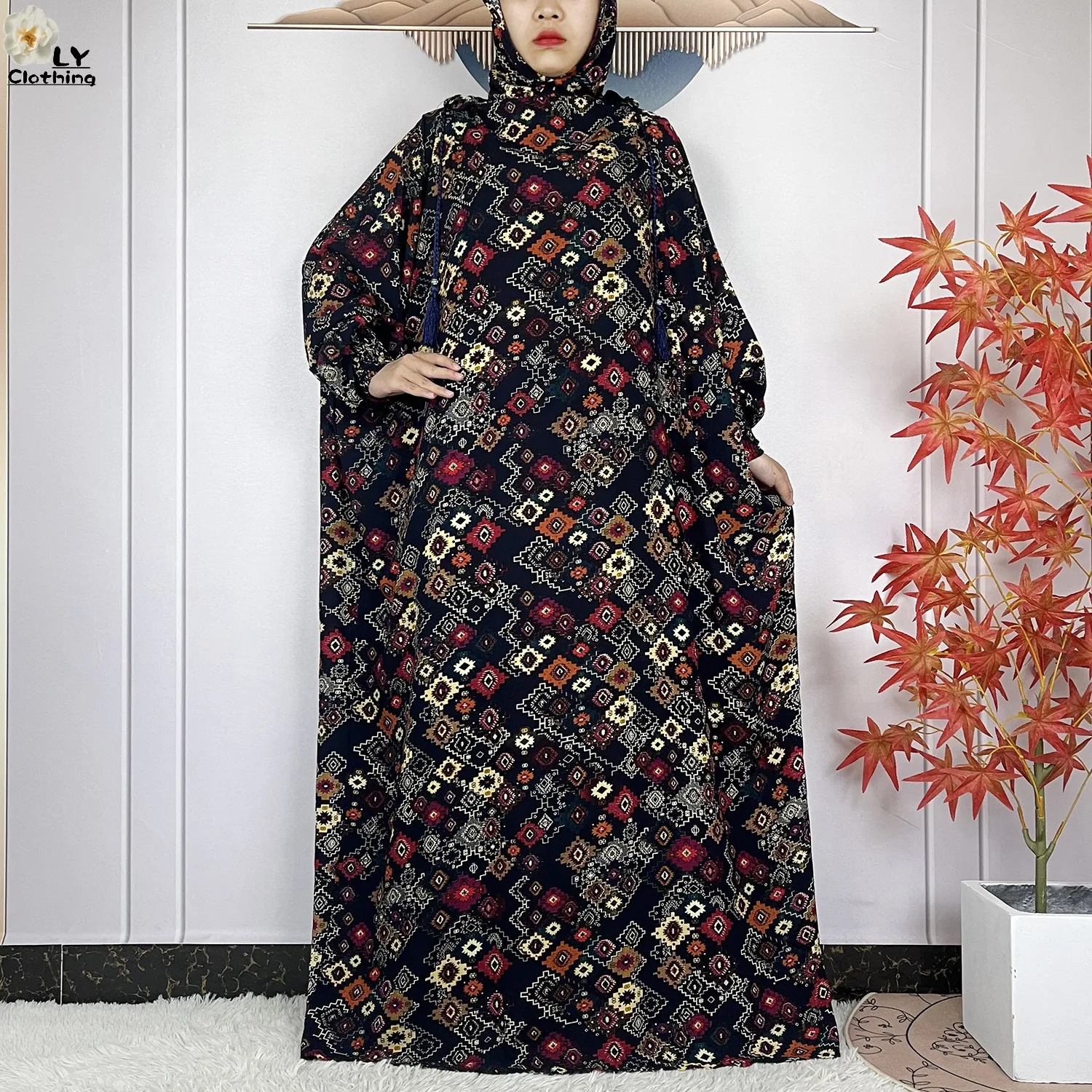 2024 New Muslim Abayas For Women Ramadan Prayer Dubai Middle East Femme Robe Floral Cotton Loose African Dress Two Hats Attached