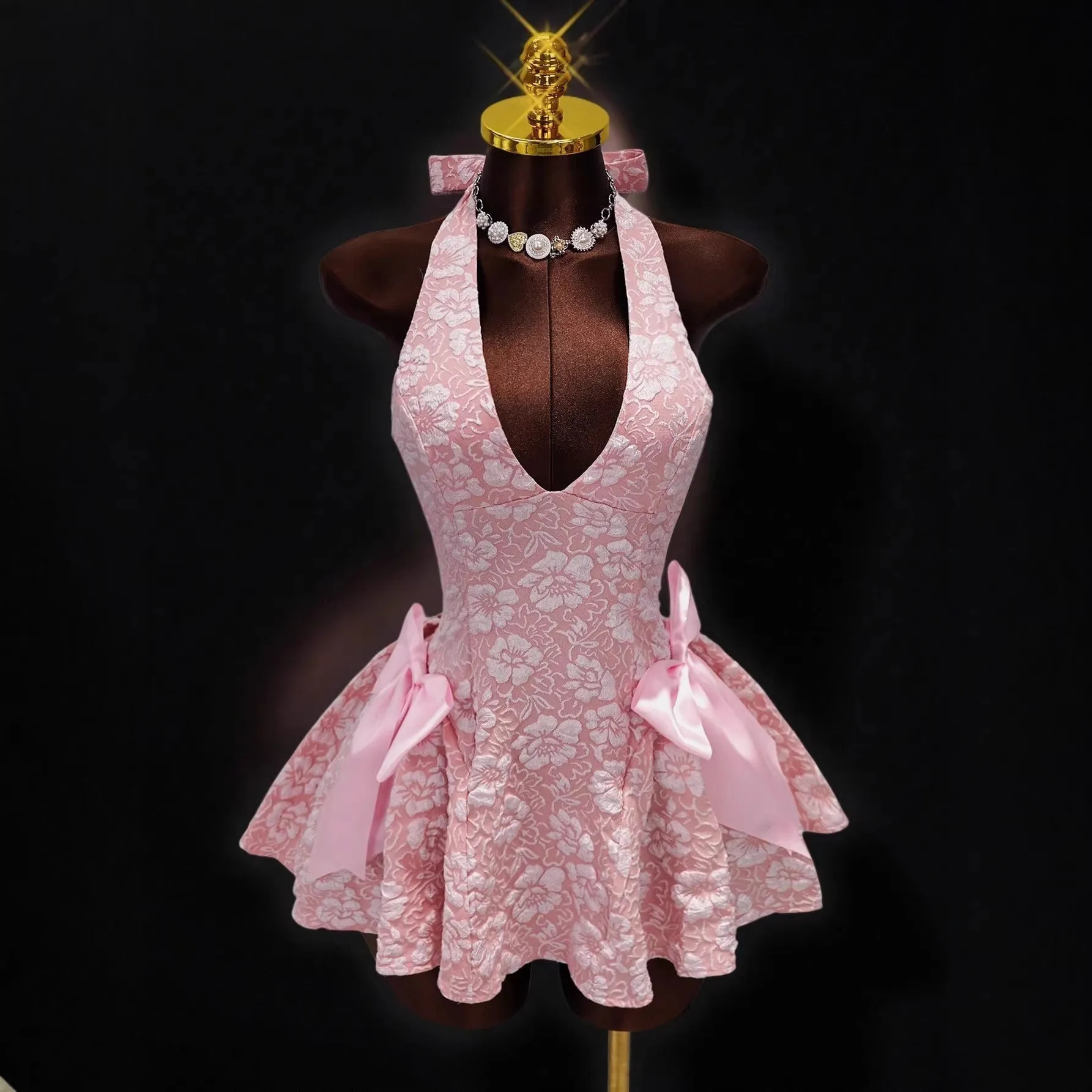 Prom Dress Women Luxury Elegant Evening Dress Halter Neck V Neck Mini Party Dress Floral Jacquard Pink Ruched Waist Peplum