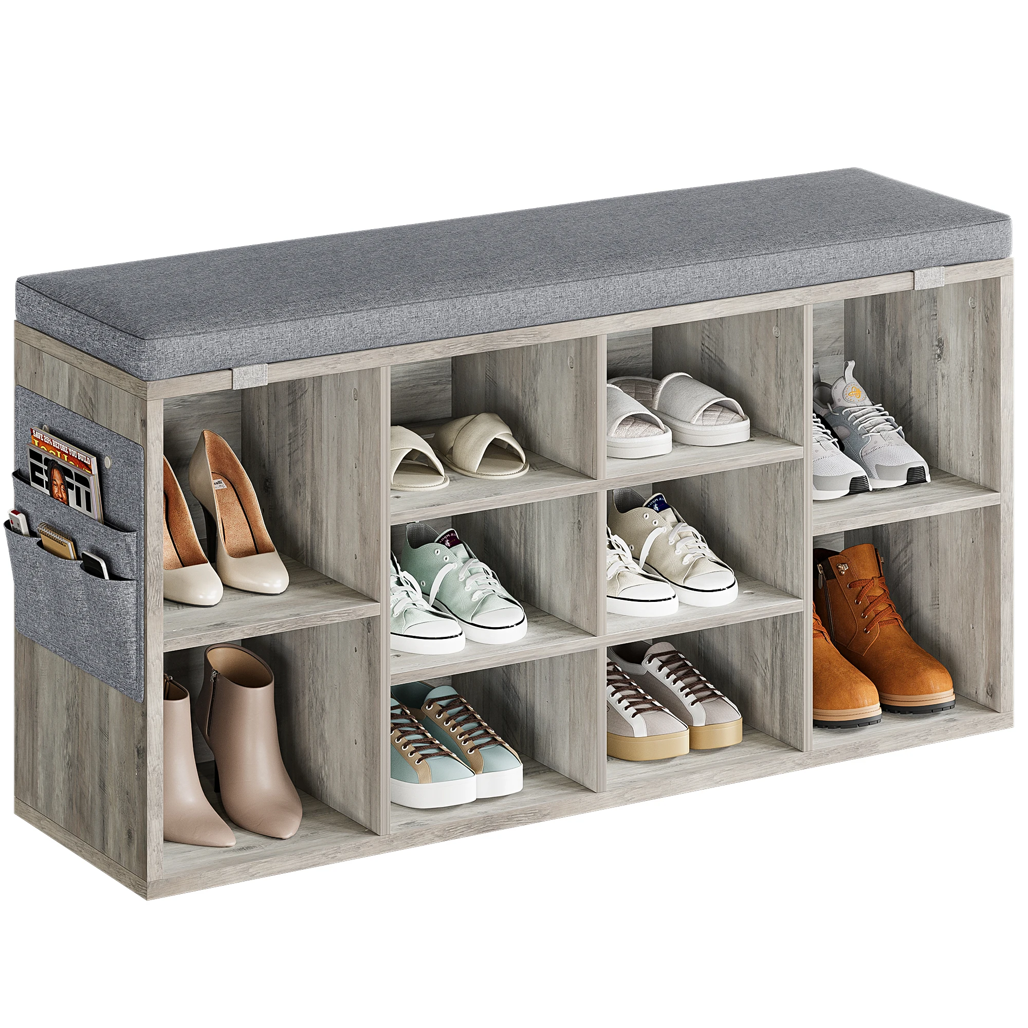 

Shoe Storage Bench with Cushion,10 Cubbies Storage Rack Bench with Padded Seat,41" Cubby Seat Shoe Cabinet with Adjustable Shelf