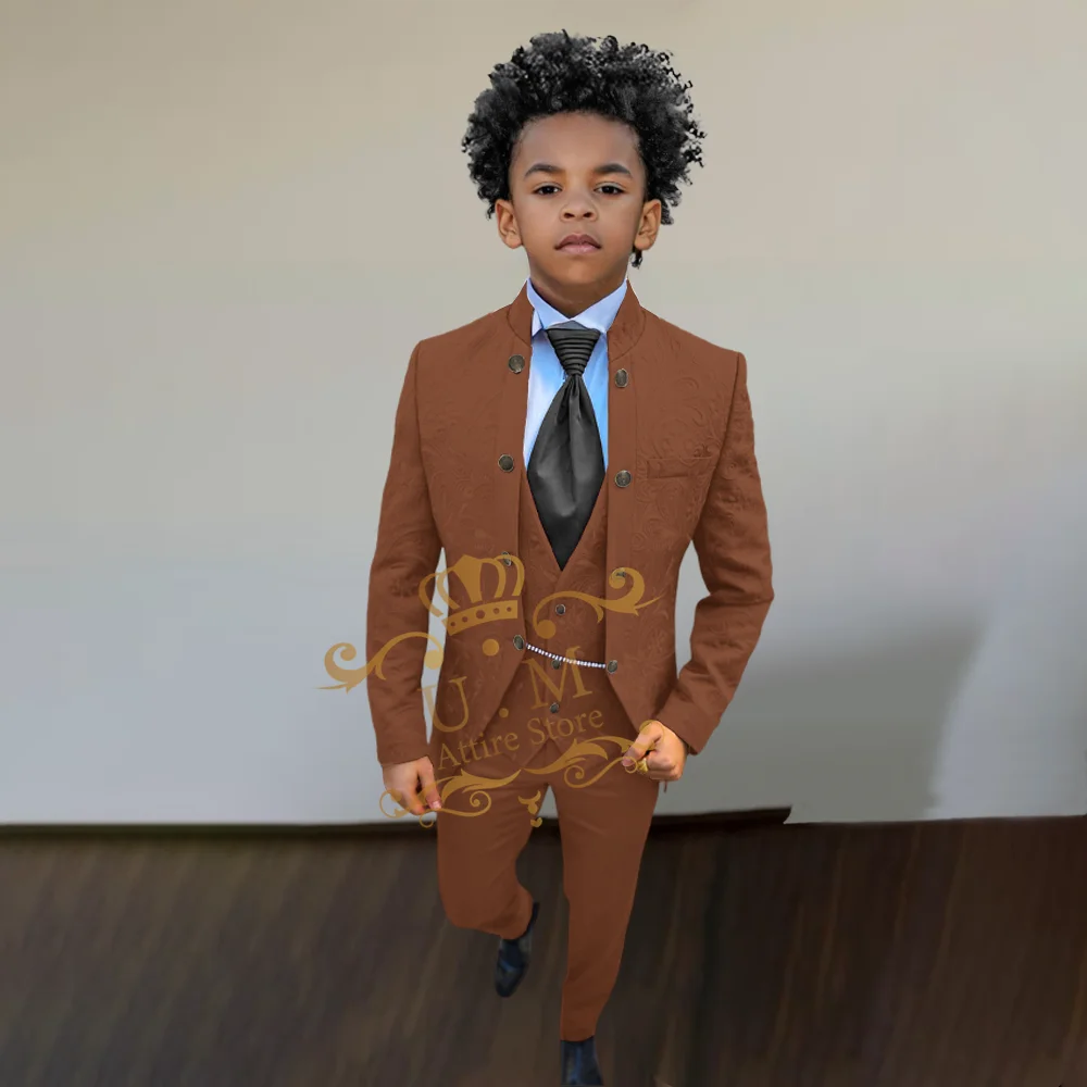 결혼식 댄스 생일 크리스마스 파티를위한 절묘한 소년의 검은 자카드 정장 3 피스 자켓 조끼 바지 맞춤 세트