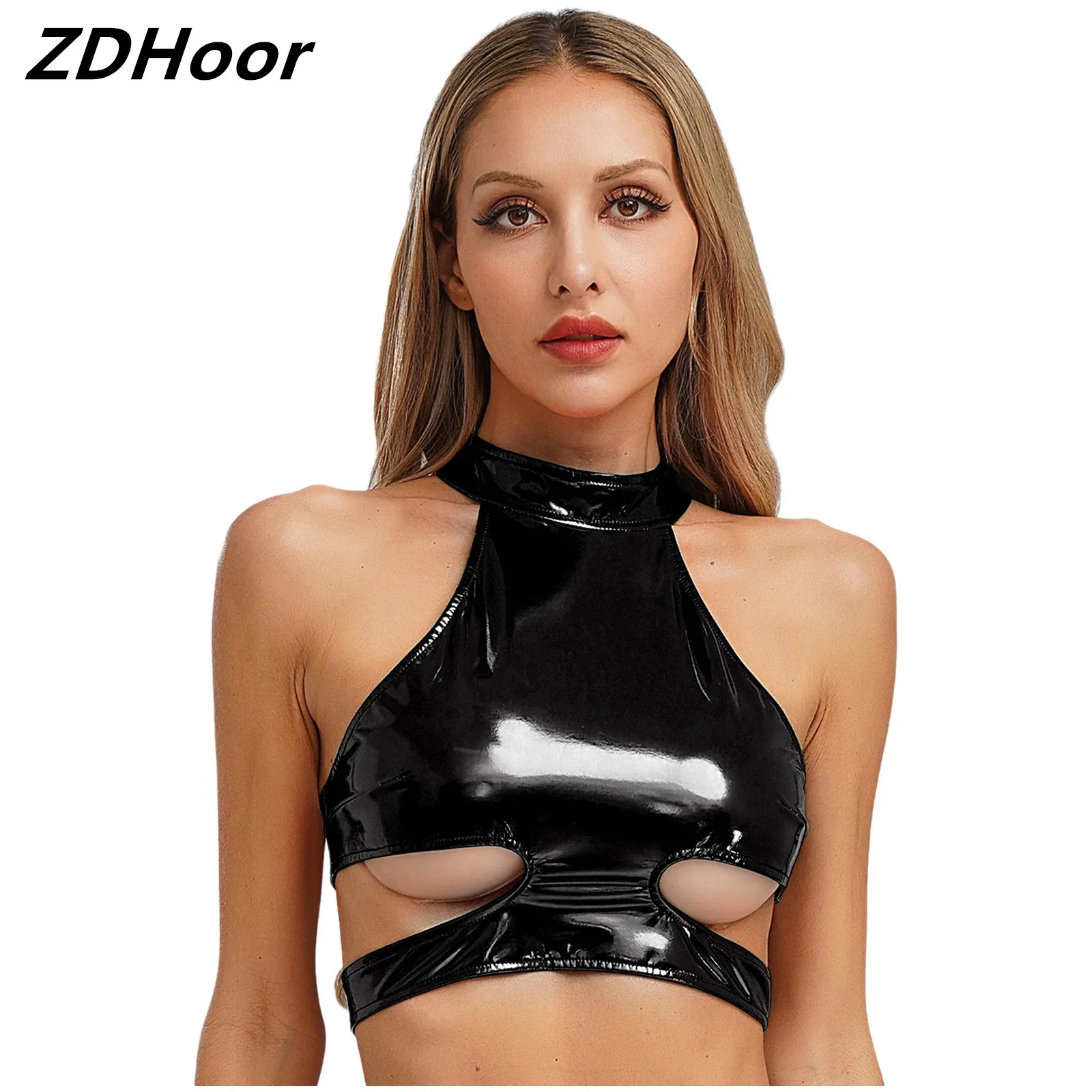

Women Cutout Cropped Vest PU Leather Tank Tops Halter Sleeveless Hollow Out Back Zipper Party Rave Outfit Nightclub Wear