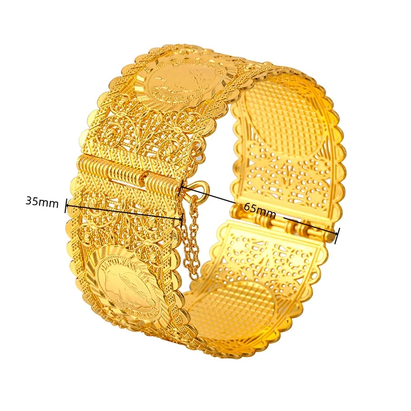 Vintage Münzmuster Manschettenarmband für Damen, Vergoldeter Hohler Metall-Breitarmreif Modischer Statement-Schmuck – Detail 18