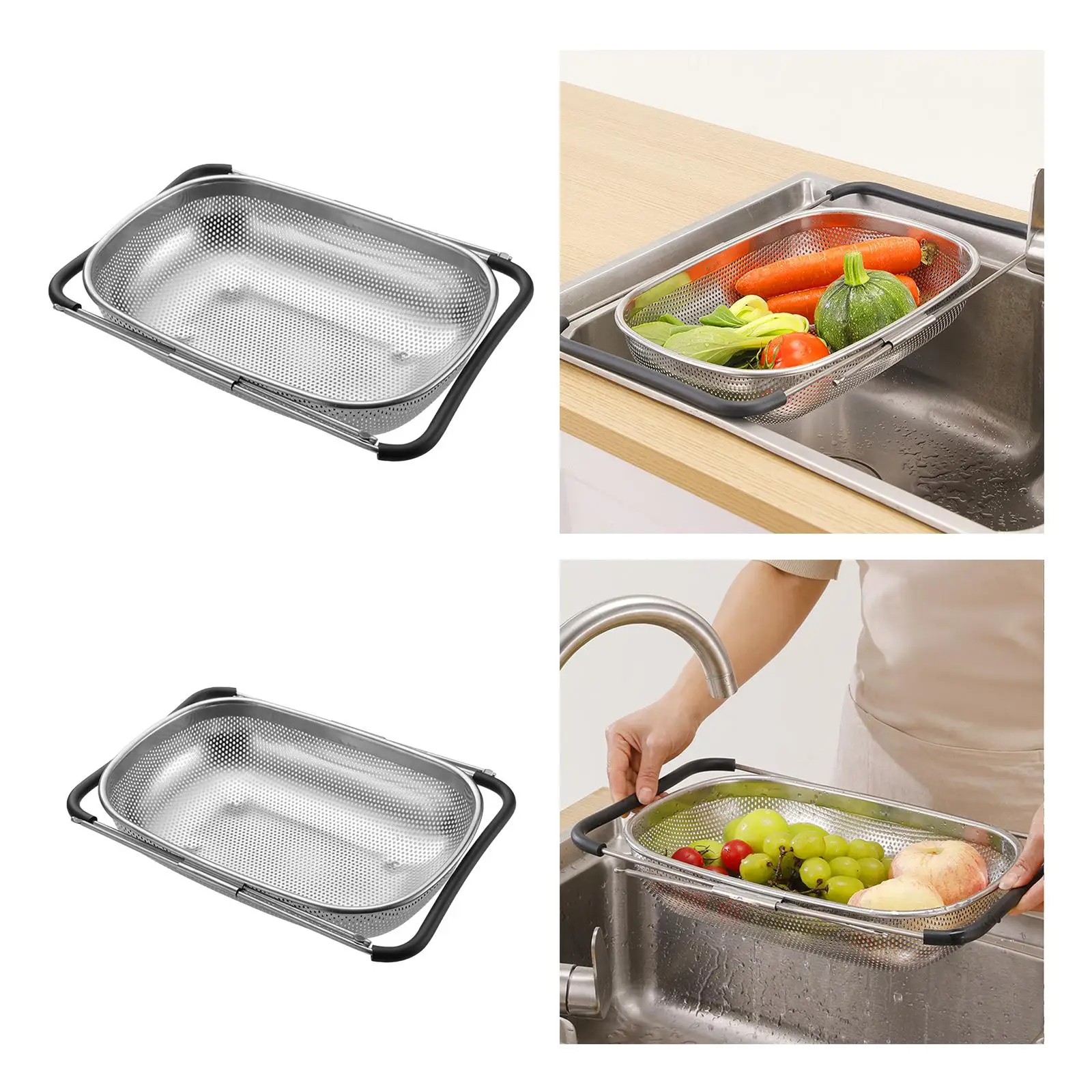 Over the Sink Colander Strainer Basket Extendable Colander Stainless Steel,Suitable for Wash Vegetables and Fruits