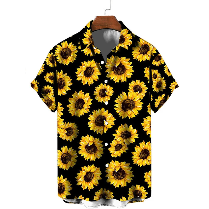 Camicia con stampa girasole piante 3d per uomo camicie da vacanza estive a maniche corte classiche di moda camicie hawaiane traspiranti