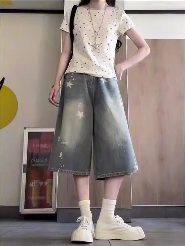 

Summer New High Waist Wide Leg Seven-Foot Printed Denim Jeans Women's Loose Fit Large Size Star Print Casual High Waist Jeans