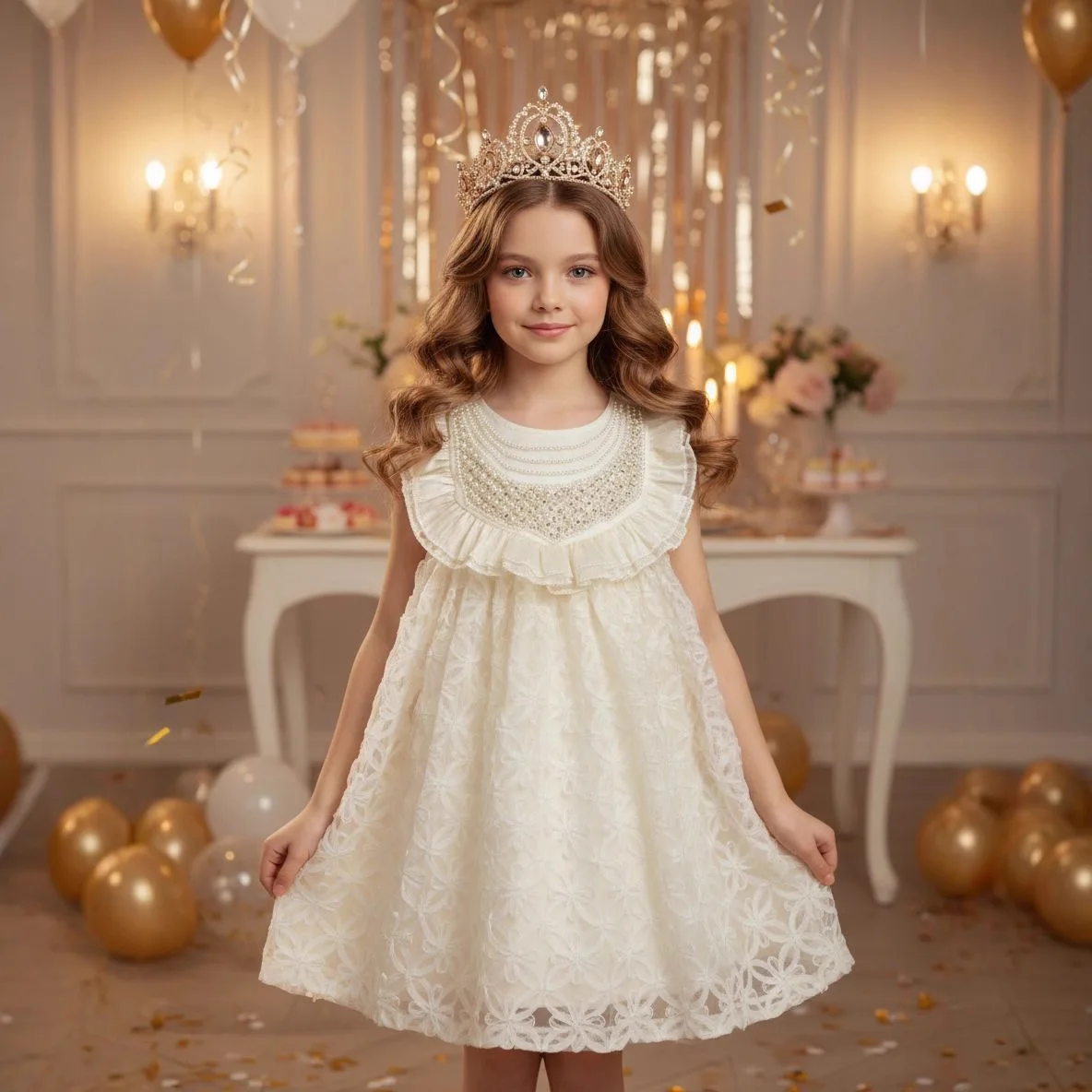 Spitzenkleid mit Perlenverzierung, Mädchen-Abschlussball-Tutu-Kleid, ärmellos, für Teenager, Kinder, Prinzessinnenkleid, Sommerparty, Lolita-Kleid für 2–10 Jahre