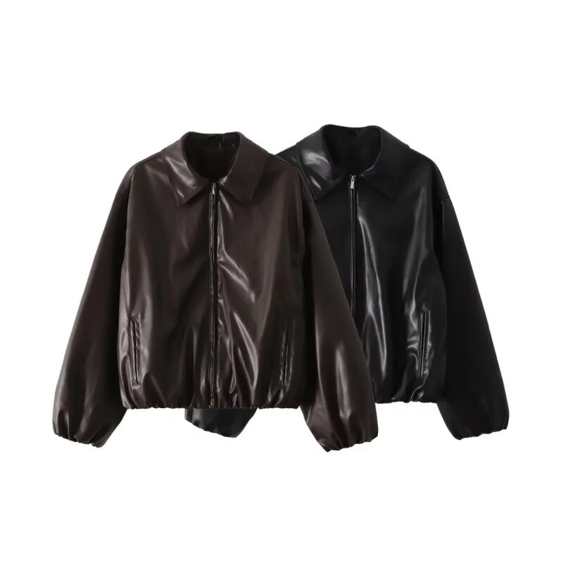 

Cool Lady Faux Leather Jacket Coat Fashion Moto Style Streetwear Retro Long Sleeves Outerwear Zipper Simple Coat Tops Winter