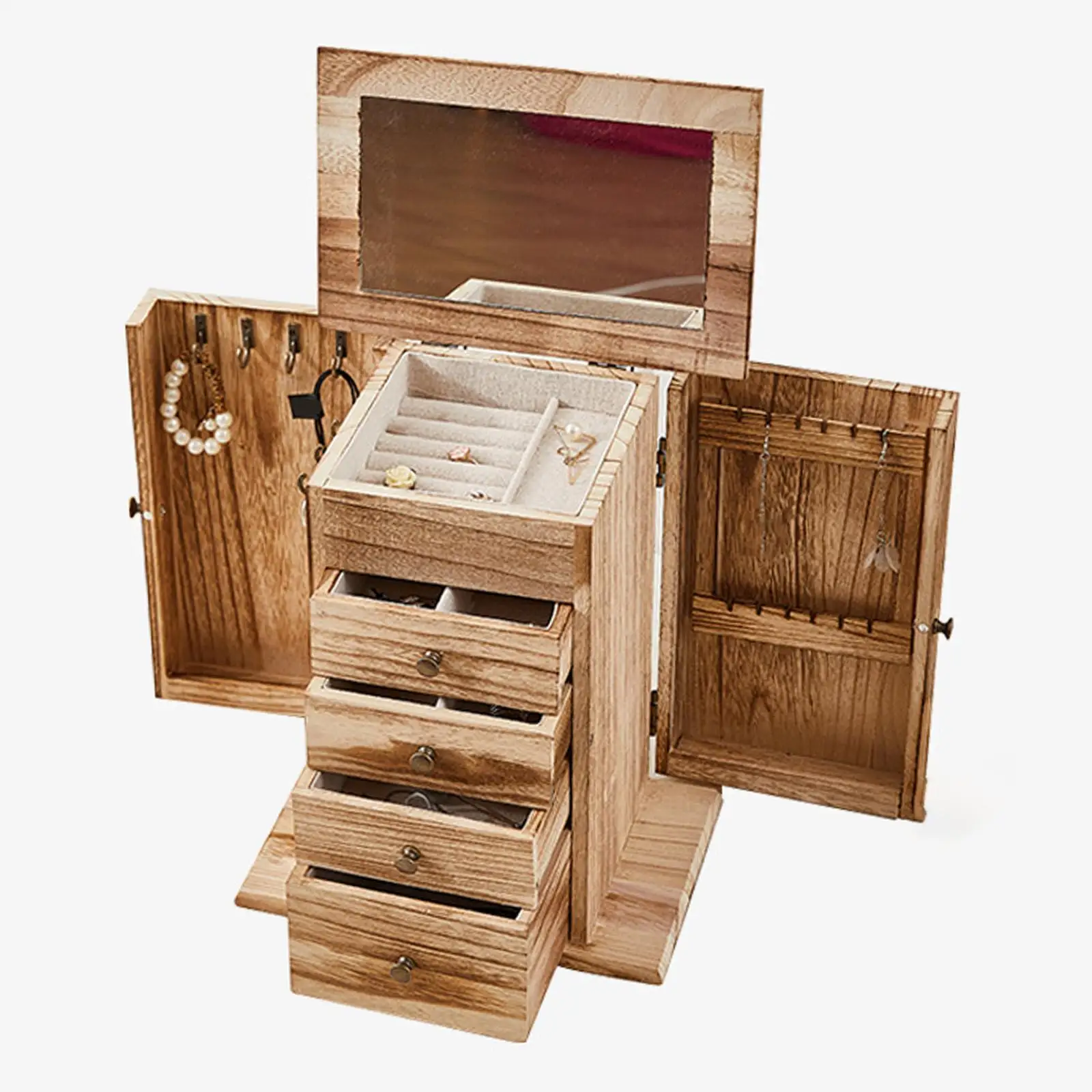 Caja de joyería con cajones, organizador de joyería de madera para anillos, pendientes, colgante, collar, bolsa de almacenamiento, soporte de adornos, escaparate