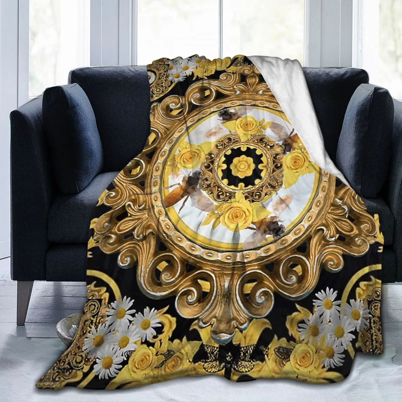 Yellow Rose And Bees Vintage Kitsch Baroque Scarves Sofa Bed Flannel Fleece Blanket Plush Bedding Pink Blue Blanket for Beds