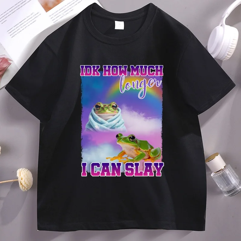 Camiseta divertida con meme de rana, camisetas con humor arcoíris, camisetas informales con cuello redondo y estampado, no sé cuánto más tiempo podré matar ranas