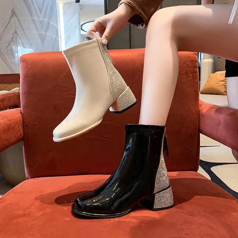 

New Rhinestone Square Toe Short Boots Women Mid Heel Back Zipper fashion Autumn Winter Boots