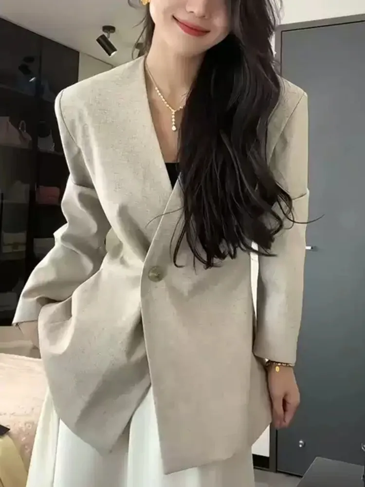 KWTX 2025 ファッション レディース Vネック ブレザー シングルボタン スリムフィット エレガント オフィス ジャケット カジュアル シック トップス 春夏 薄手 ルーズ