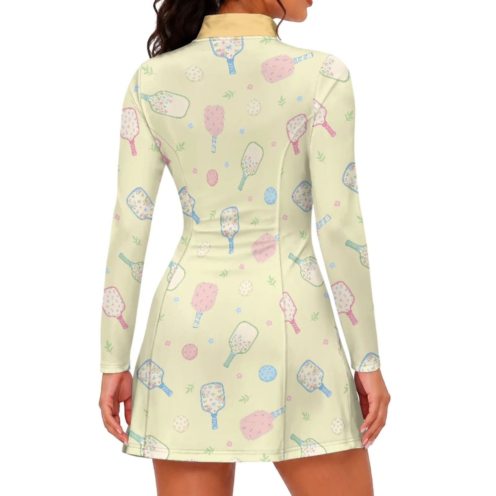 PENSTROLL Pickleball Paddle 2 Pieces Women's Long Sleeve Golf Dress with Shorts, Breathable Slim Dress for Tennis Yoga