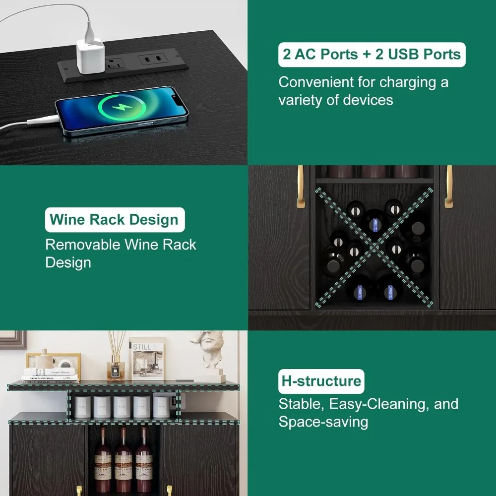 LED-Illuminated Coffee Bar Cabinet with Power Outlet, Storage, and Removable Shelves for Wine Enthusiasts