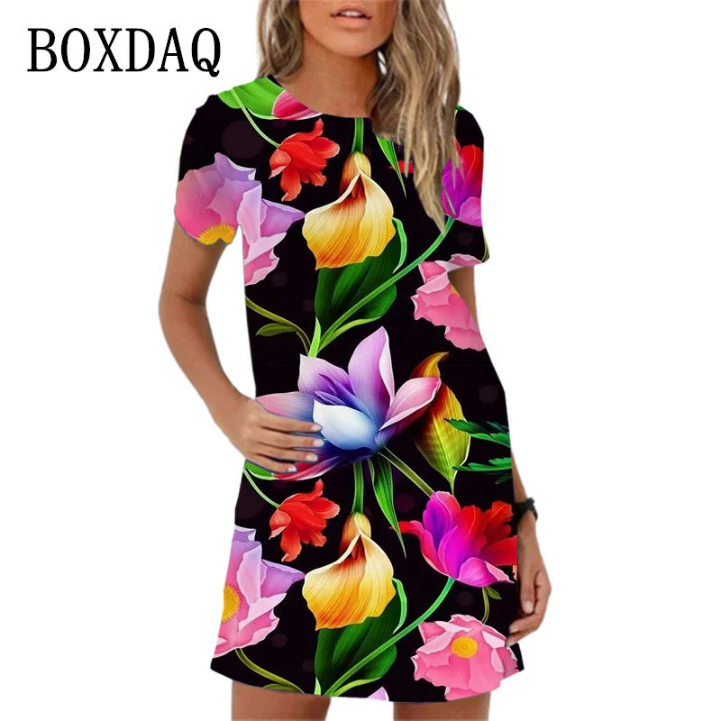 2024 New Spring Dress For Women Floral Print Short Mini Dress Oversized Casual Short Sleeve Women Summer Dress Vestidos