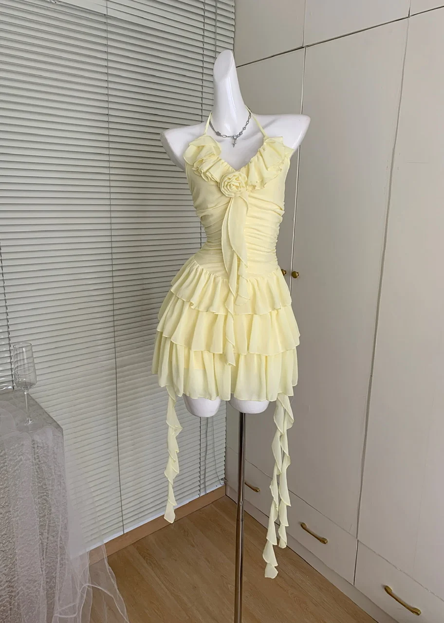 

2025 Summer Women Sweet Korean Graduation Fairy Halter Dress Mini Frock Evening Shoujo One-Piece Party 2000s Gyaru Coquette Prom