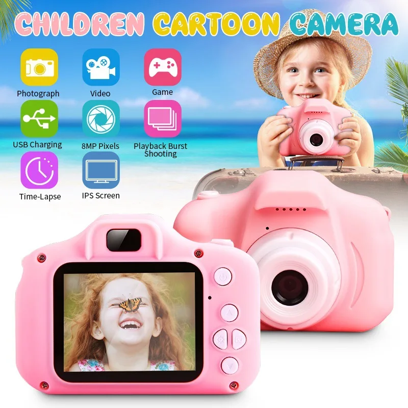 Kids Camera For Children 8MP HD Cartoon Camera 1080P Video Record 2 Inch HD Screen Countdown Shoot Auto Focus 32GB TF Kid Toy X2