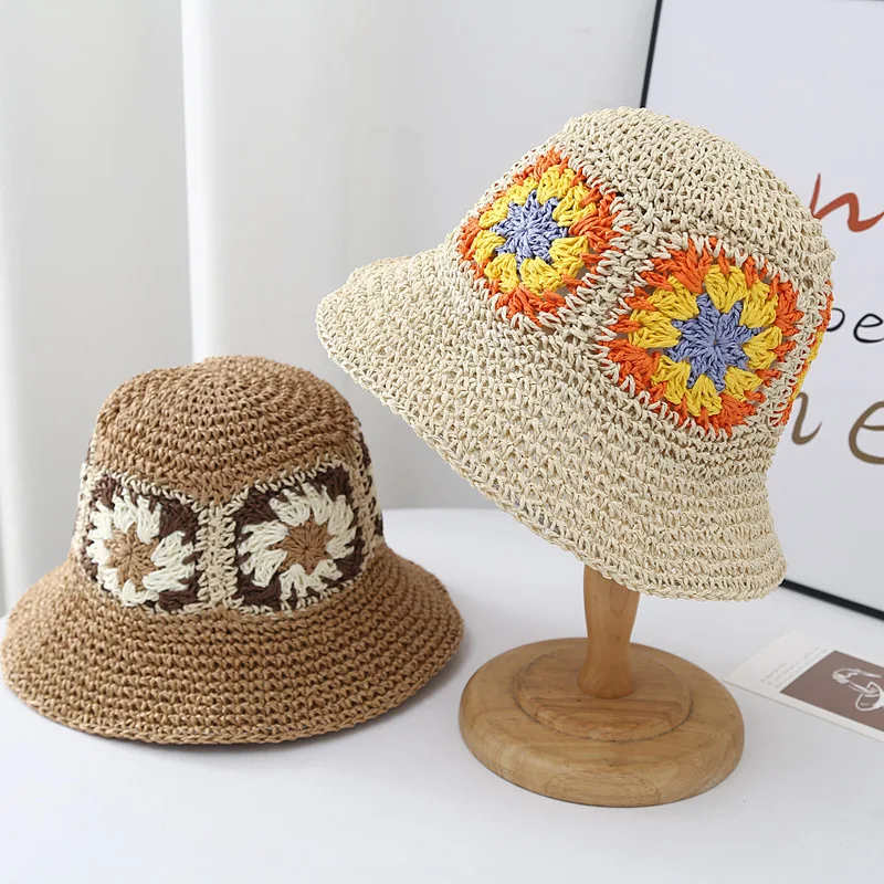 New Foldable Straw Crochet Flower Hat Women\'s Summer Outdoor Sun Bucket Hat Holiday Beach Hat Spring Fisherman Hats Wholesales