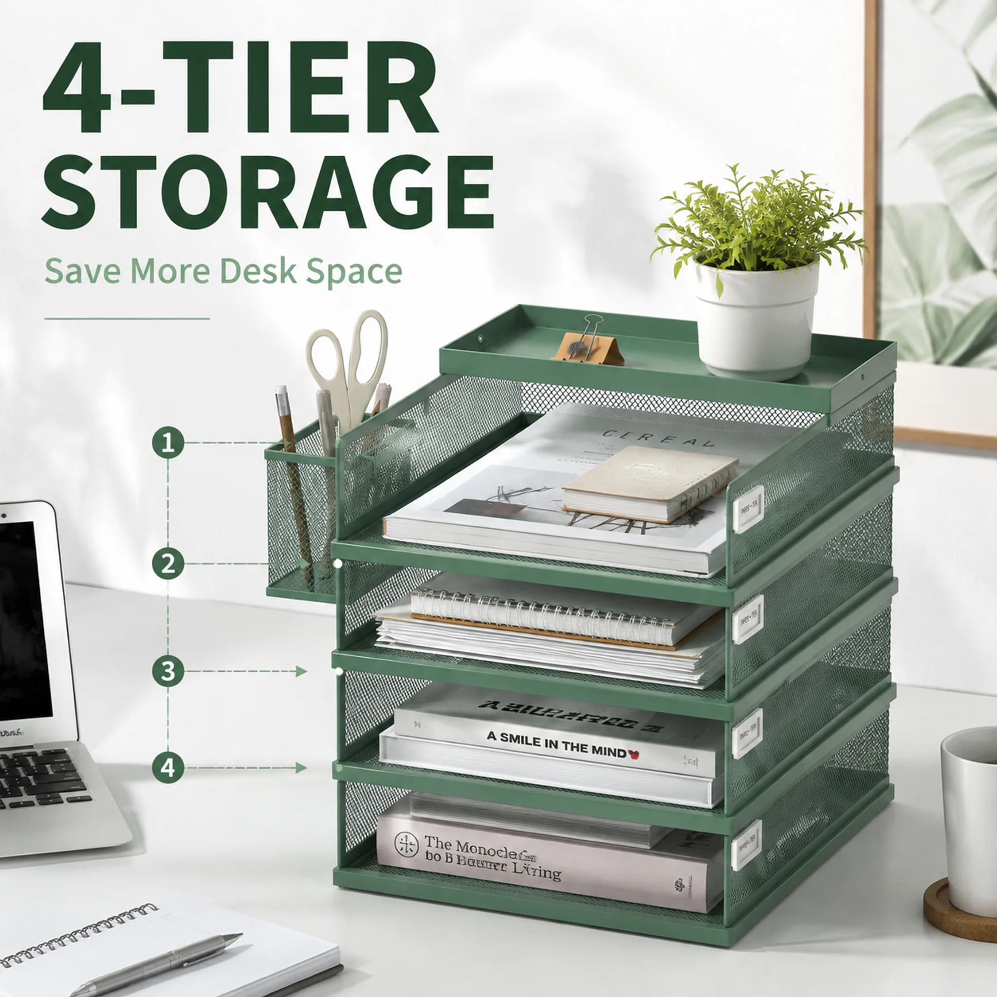 4 Tier Stackable Paper Tray Organizer, Metal Mesh Desktop File Holder with Pen Holder and Label Holders for Office School Home