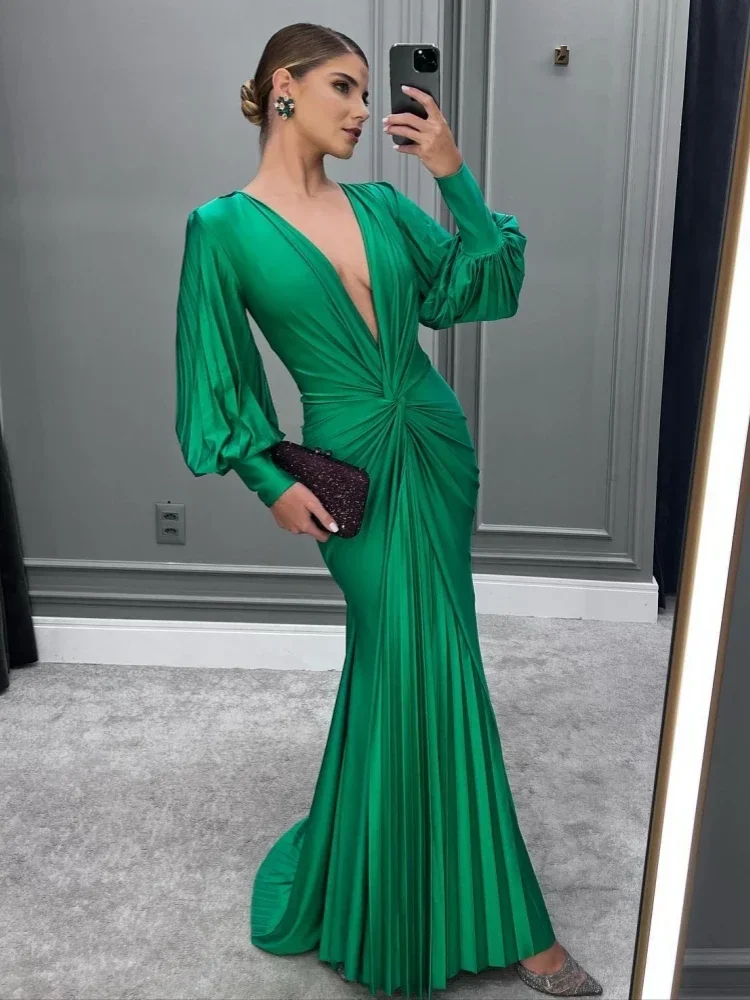 

JOJO Sexy Deep V Neck Pleat Long Sleeves Maxi Dress Women Green Lantern Sleeve Folds Elegant Evening Party Runway Gowns