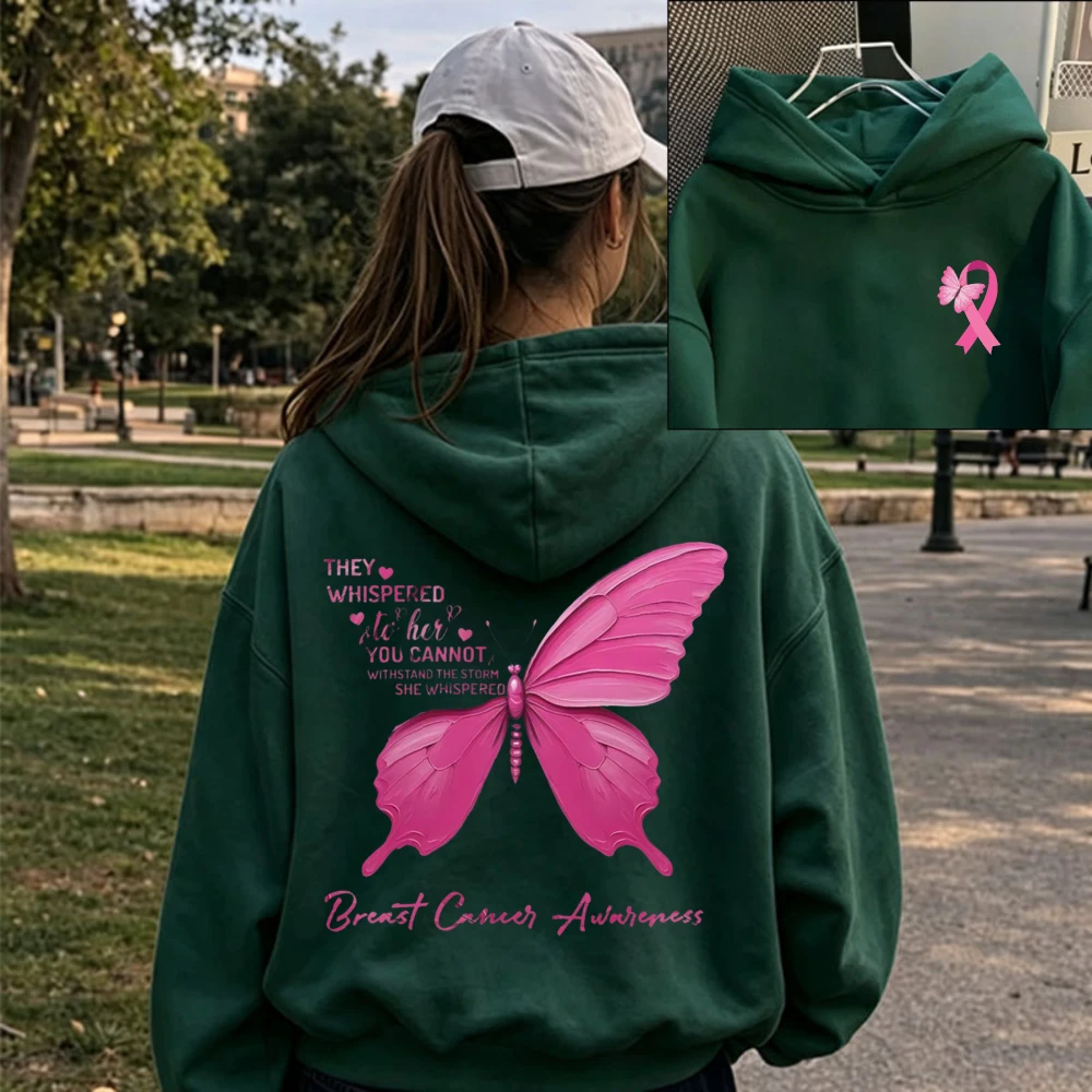 They Whispered She Cannot Breast Cancer Awareness Hoodie Pink Butterfly Ribbon Graphic Front Back Print Pullover Casual Tops