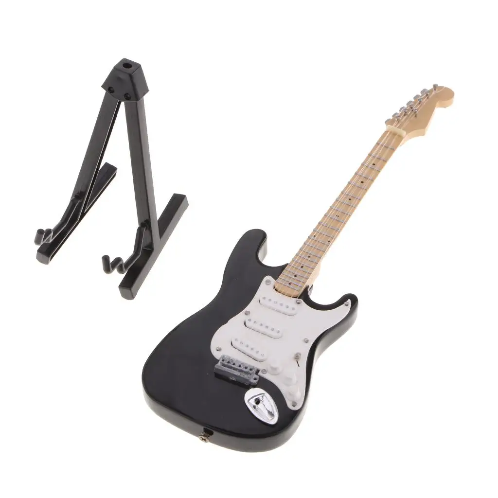 17cm Handmade Mini Wooden Electric Guitar with Stand Toys Dollhouse Accessory Black