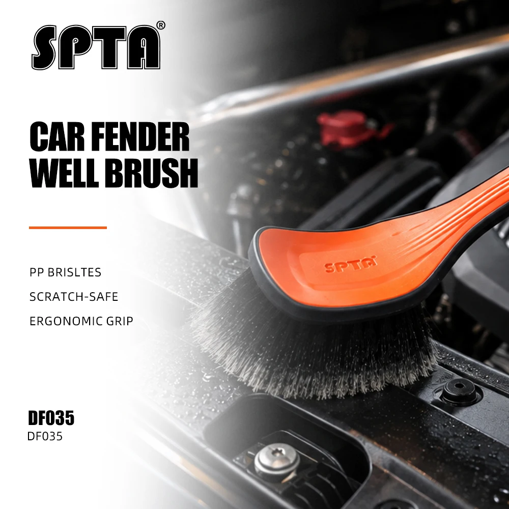 SPTA 1Pc Fender Well Brush Ergonomic Long Handle Soft Synthetic Flagged-Tip Bristles for Wheel Tire Cleaning