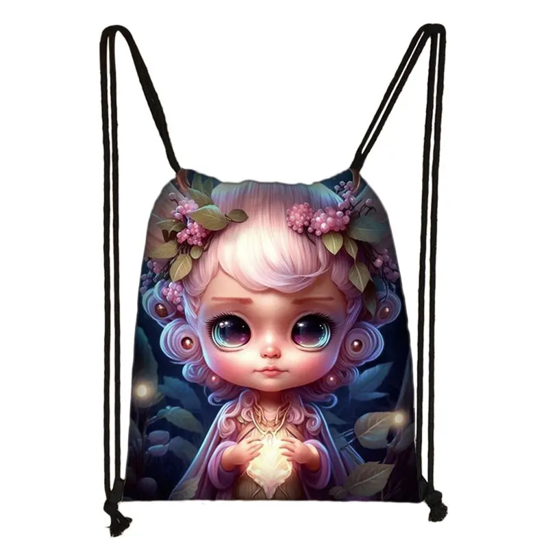 Fantasy Big Eyes Forest Elf Girl Print Backpack Dragon Baby Women Outdoor Drawstring Bags Teenager Shoes Holder Bag Bookbags