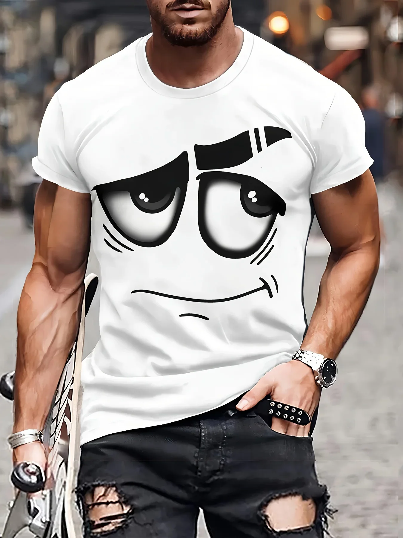 Sommer Neuheit 3D-Gedrucktes Lustiges Gesicht T-Shirt Modisches Herren-Urlaubs-Kurzarm-Shirt Lässiger O-Ausschnitt Lockeres T-Shirt Streetwear