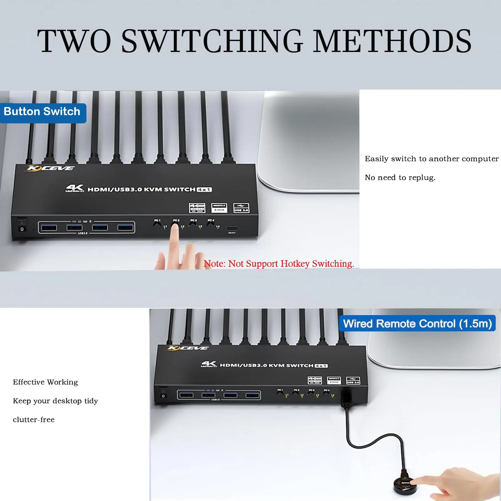

KVM-переключатель HDMI для 4 компьютеров, 1/2 монитора, 4K@60Гц, 4K@120Гц, 4-портовый KVM-переключатель с имитацией EDID для совместного использования клавиатуры и мыши 4 ПК