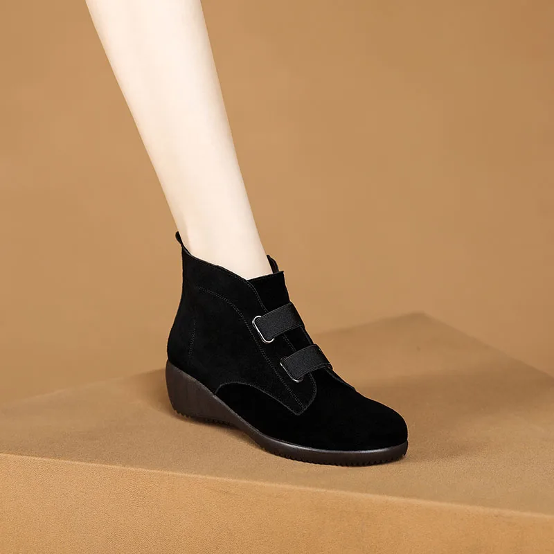 

Phoentin Cow Suede Short Boots For Ladies Wedges Heels 4.5cm Tpr Outsole Warm Women's Shoes 2023 Winter Black Color FT2849