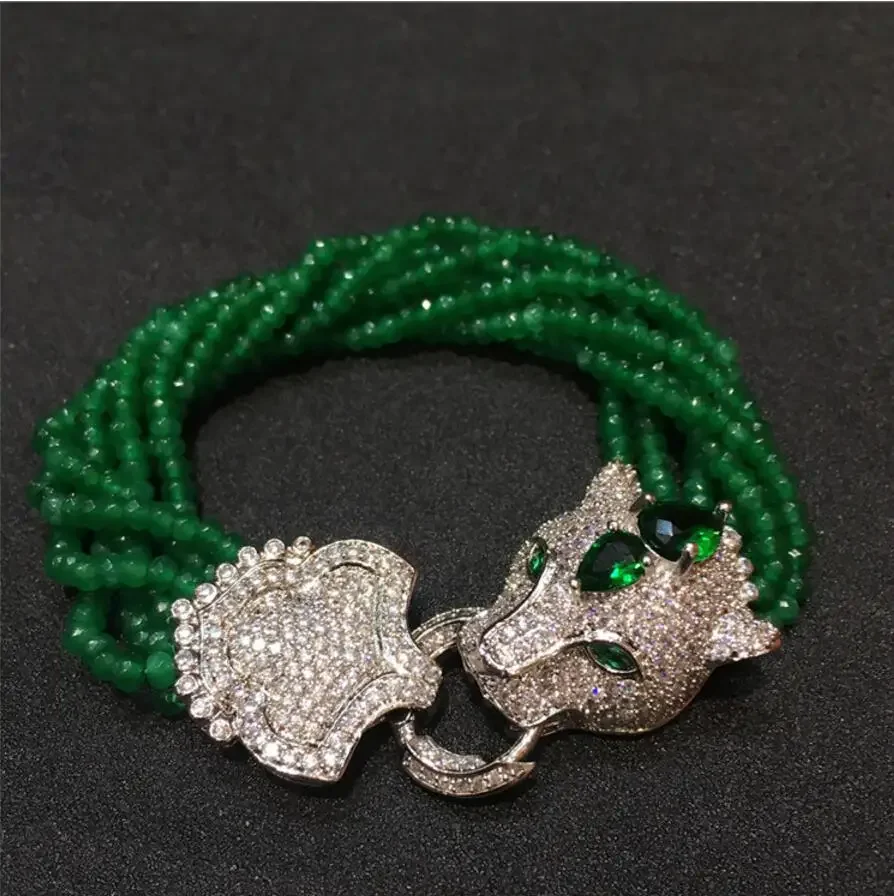 Fashion jewelry   Handmade leopard head micro inlay zircon clasp green stone multi-rows bracelet gift box packing