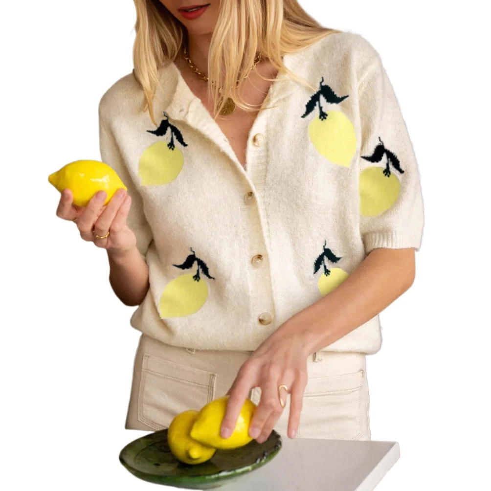 

Новая коллекция осень 2025: женский повседневный трикотажный топ с коротким рукавом и пуговицами, с узором «манго», в европейском и американском стиле, для трансграничной торговли.