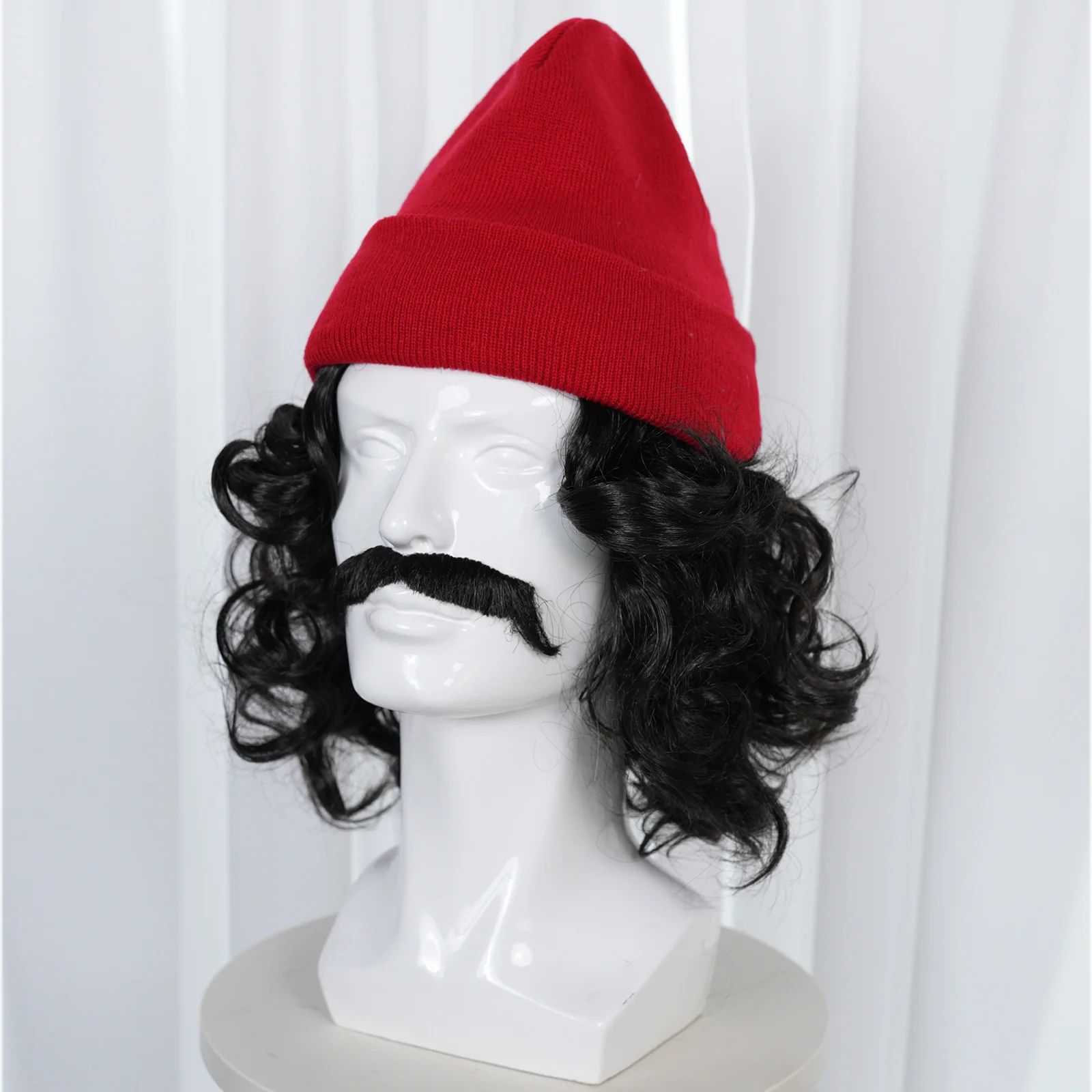 Synthetic black curly hair role play wig, paired with a red knitted hat and simulated beard, for Christmas theme parties