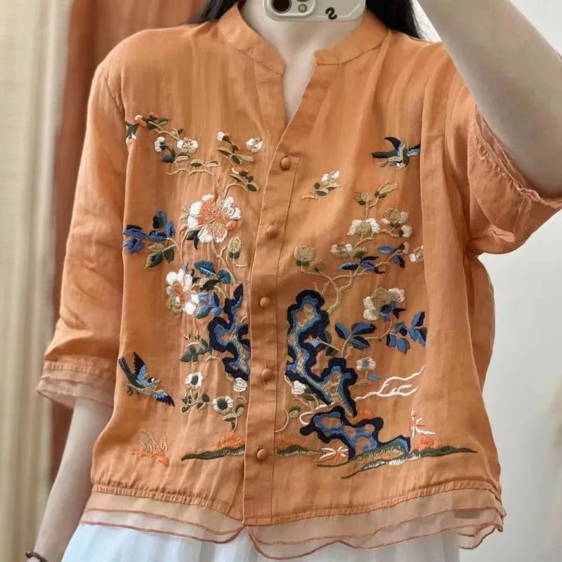 Art Retro Embroidery Summer Women's 2024 New V-neck Panel Button Comfortable Elegant Loose Short Sleeve Cotton and Hemp Shirts