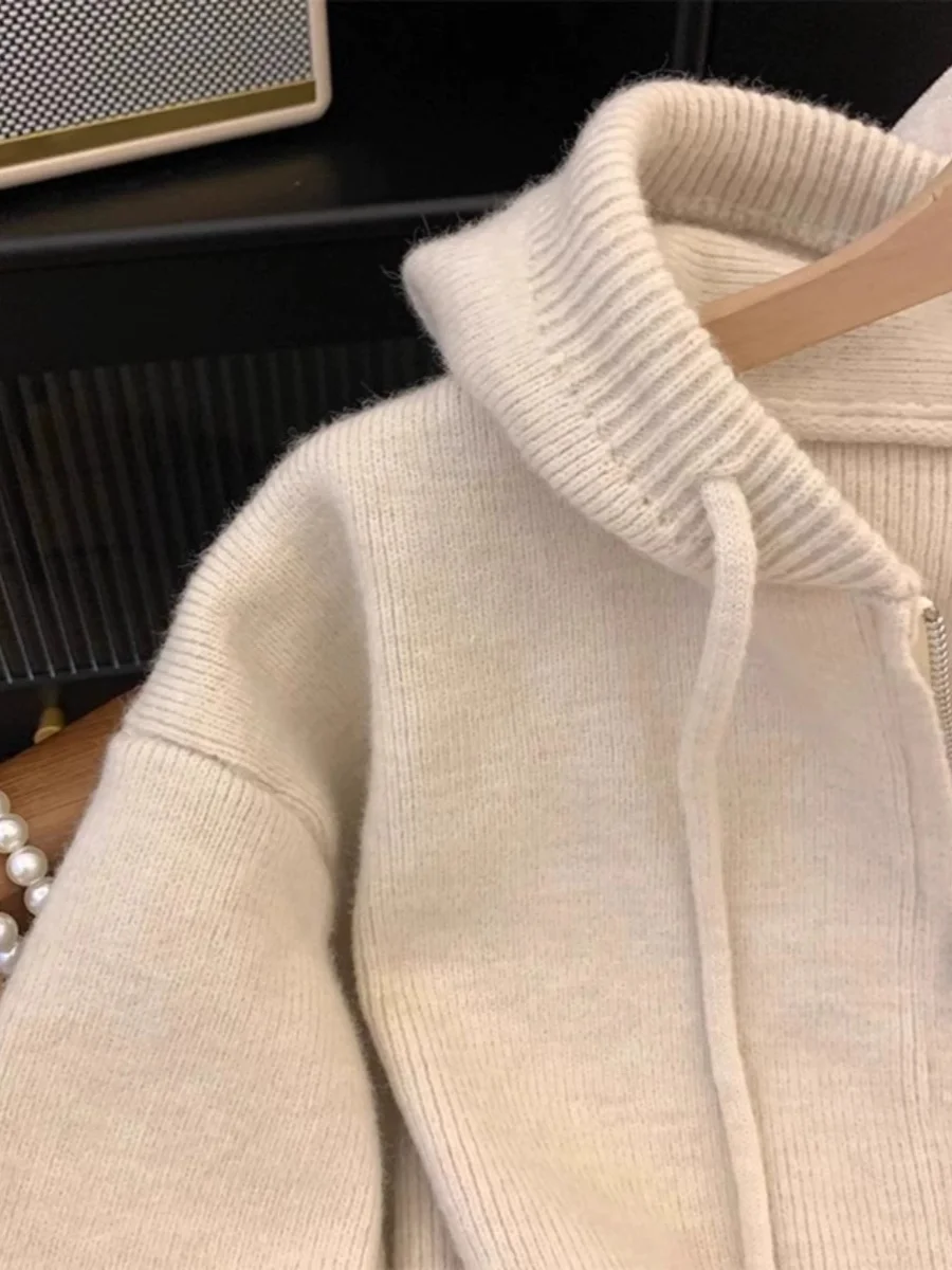 Aprikose Doppel reiß verschlüsse Pullover Frauen Frühling Herbst lose Kapuze Vollarm Cardigans Mantel lässig weibliche Strickwaren