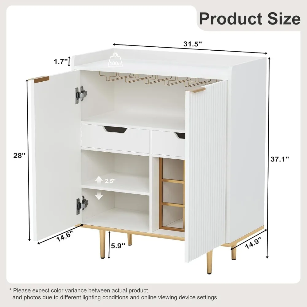 Coffee Bar Cabinet with Drawers & Shelf, Fluted 2 Door Buffet Sideboards, Freestanding Liquor Cabinet with Wine Rack & Glass Hol