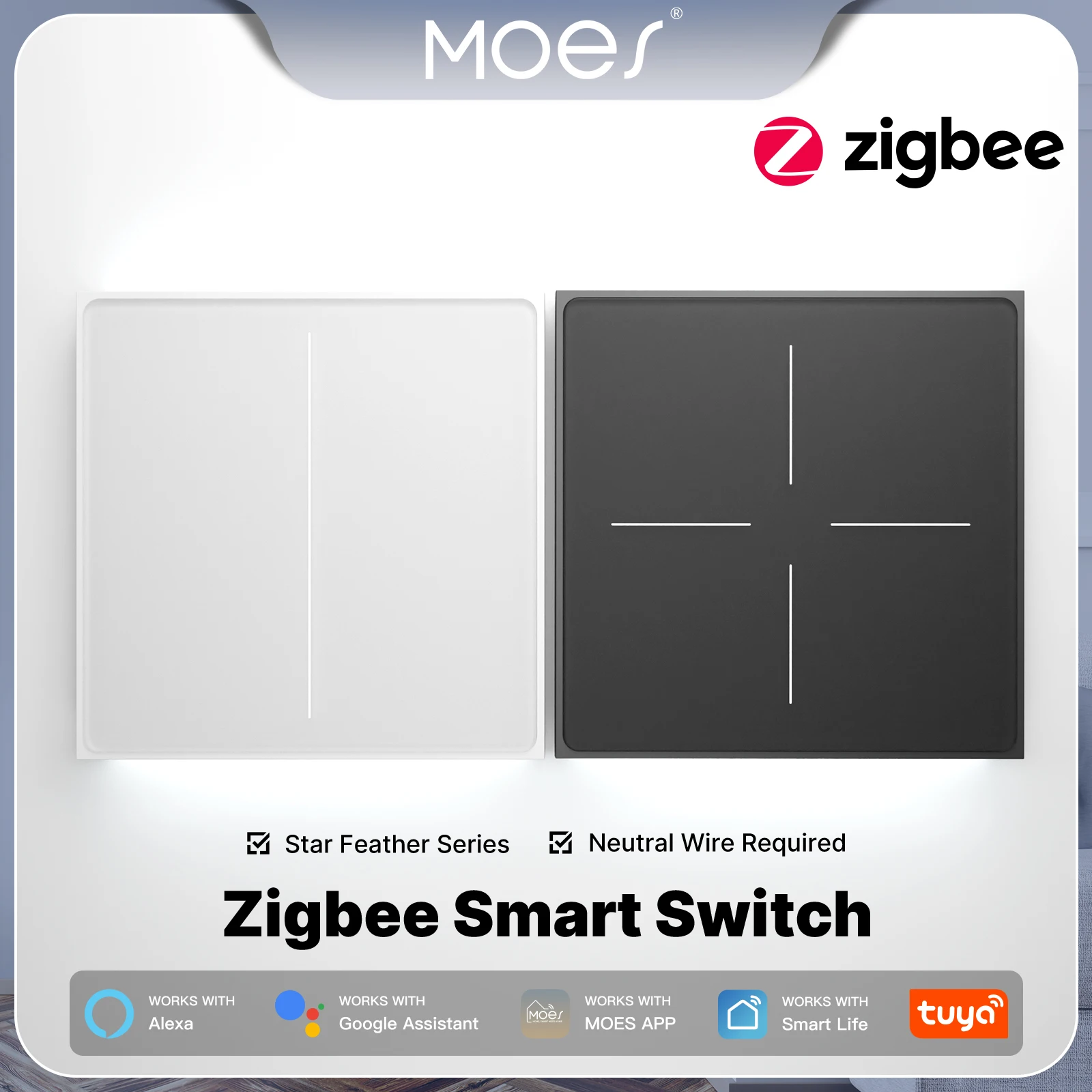 

MOES Tuya ZigBee Star Feather Smart Switch Neutral Wire Required Light Scene 2in1 APP Remote Control Work with Alexa Google Home