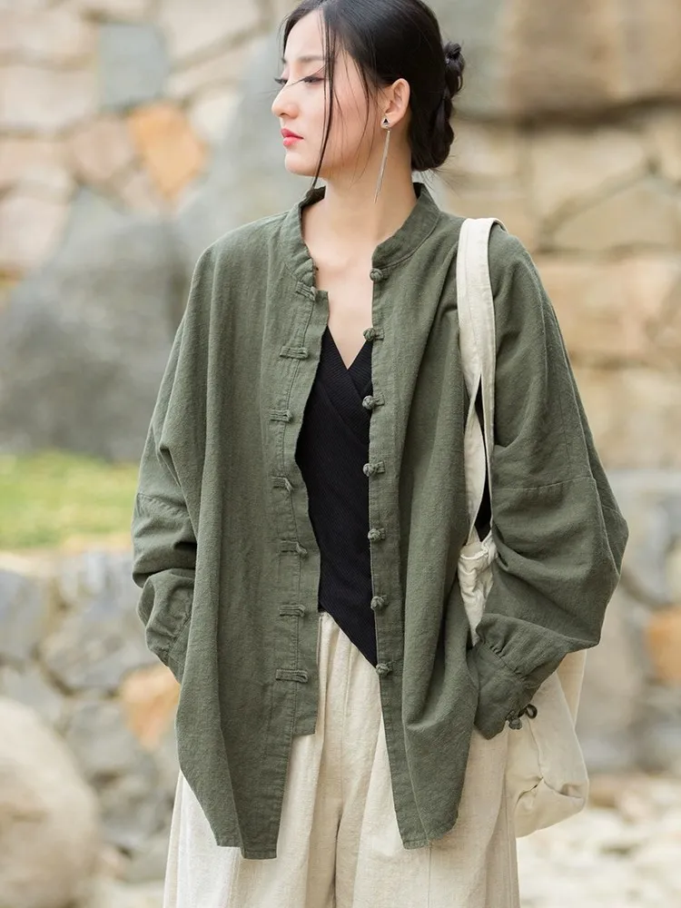 

Ретро-жакет женский хлопково-льняной, весенне-осенний, новый, на пуговицах, свободного кроя, с длинными рукавами, воротником-стойкой, дышащий