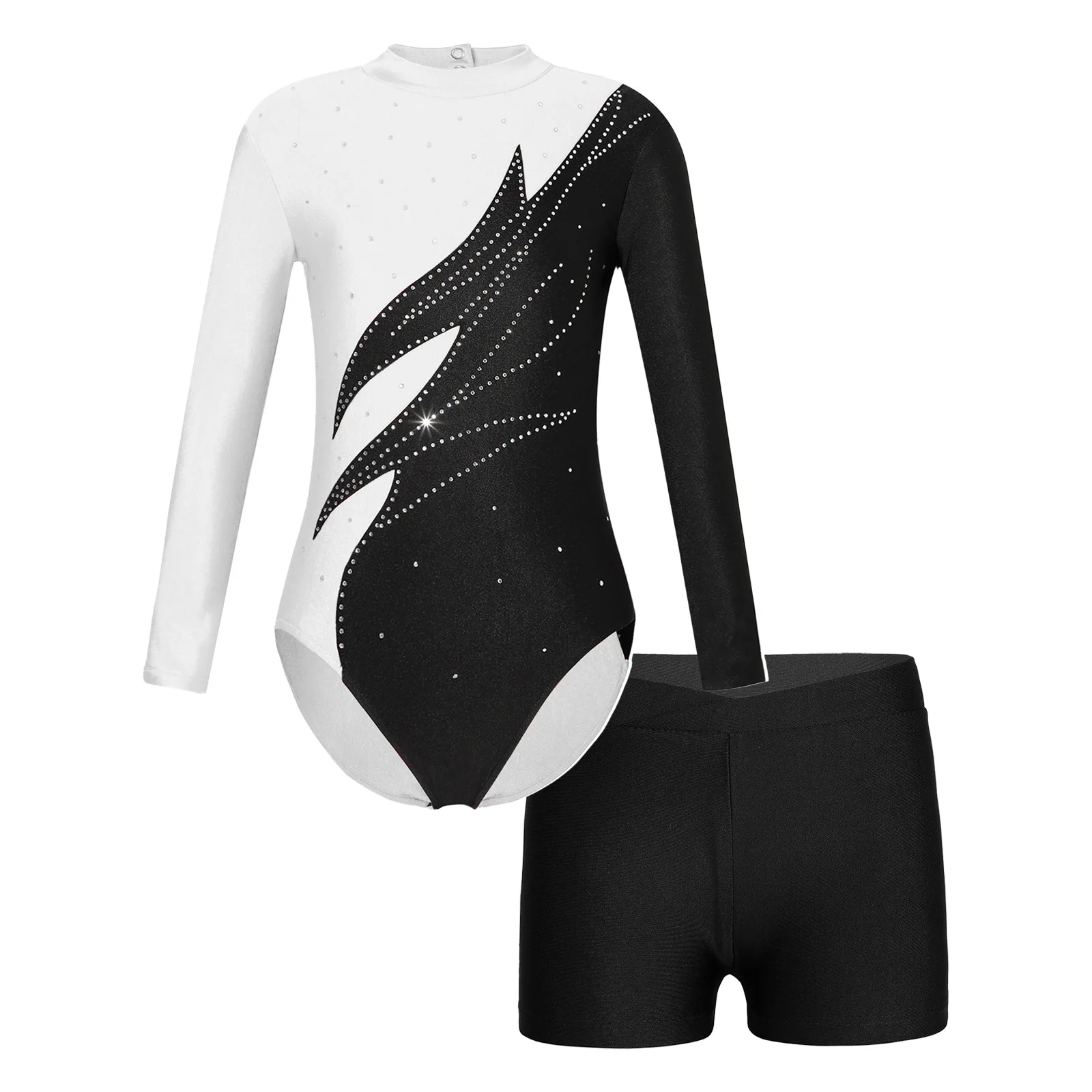 

Kids Girls Gymnastic Ballet Dance Leotard Set Long Sleeve Contrast Color Shiny Rhinestones Bodysuit+Shorts for Dance Competition