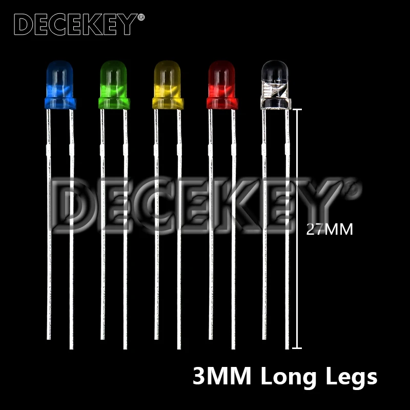 1000pcs Long Leg 3MM 5MM LED White Green Red Blue Yellow Orange F5 28mm F3 27mm Length Light Emitting Diode